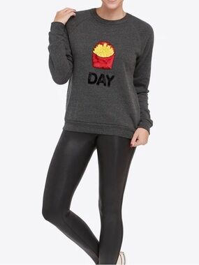 Bow & Drape + Spanx Cotton Blend Gray Crewneck Sweater, Sequin Fry Graphic, Med